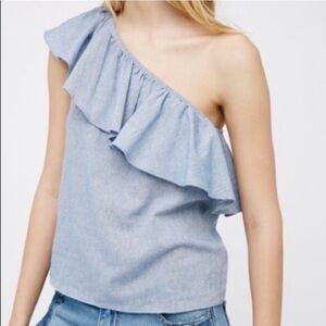 Free People Boho Chambray One Shoulder Ruffle Top 100% Cotton Spring Summer Cute